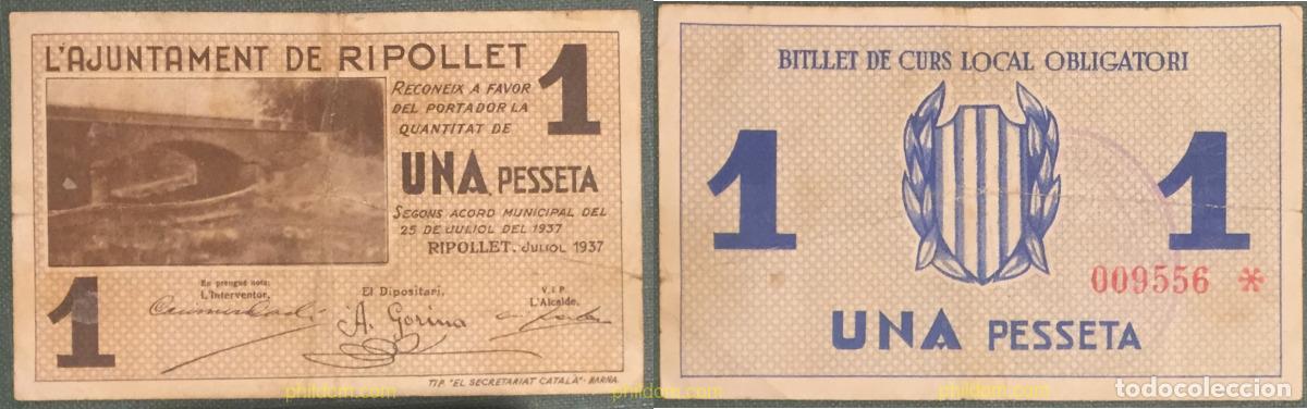 Billetes locales: 1122 ESPA&Ntilde;A. Emisiones locales republicanas 1937 AJUNTAMENT DE RIPOLLET 1 PESETA 1937
