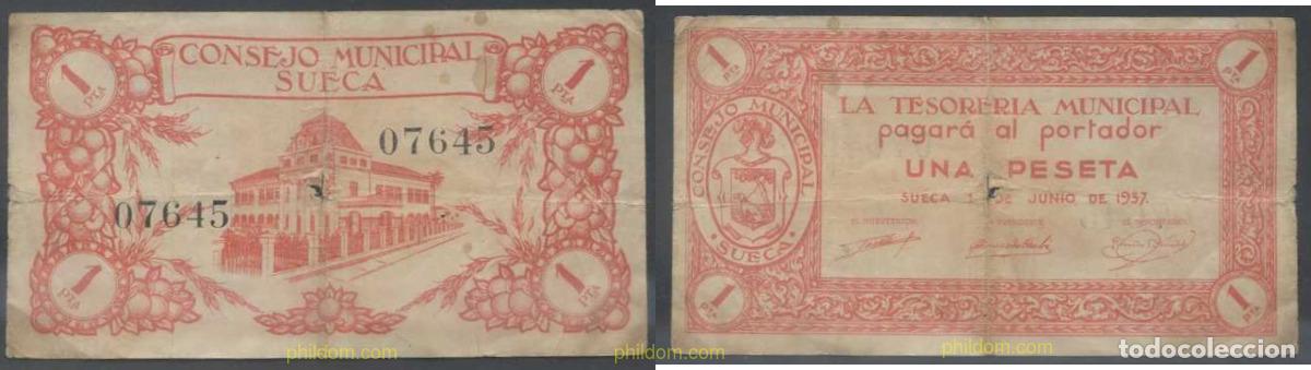 Billetes locales: 5806 ESPA&Ntilde;A. Emisiones locales republicanas 1937 CONSEJO MUNICIPAL DE SUECA 1 PESETA 1937