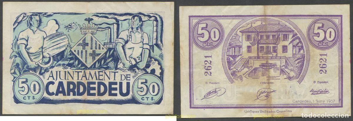 Billetes locales: 7942 ESPA&Ntilde;A. Emisiones locales republicanas 1937 AJUNTAMENT DE CARDEDEU 50 CENTIMOS 1937