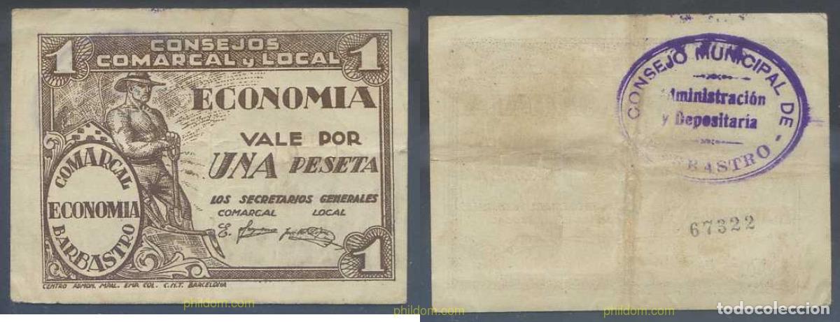 Billetes locales: 7924 ESPA&Ntilde;A. Emisiones locales republicanas 1937 CONSEJO COMARCAL Y LOCAL DE BARBASTRO 1 PESETA PT