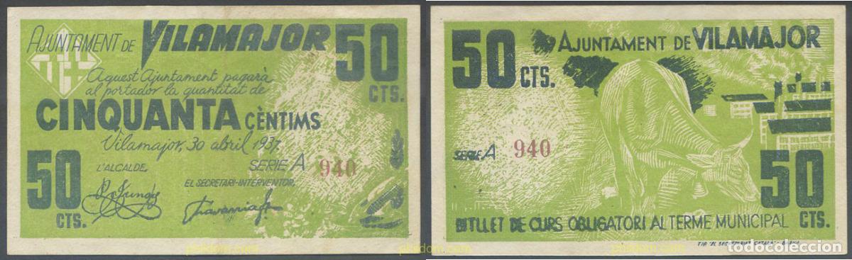 Billetes locales: 7941 ESPA&Ntilde;A. Emisiones locales republicanas 1937 AJUNTAMENT DE VILAMAJOR 50 CENTIMS 1937