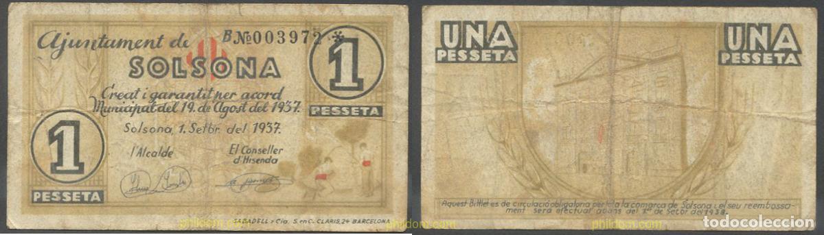 Billetes locales: 7973 ESPA&Ntilde;A. Emisiones locales republicanas 1937 AJUNTAMENT DE SOLSONA 1 PESSETA 1937