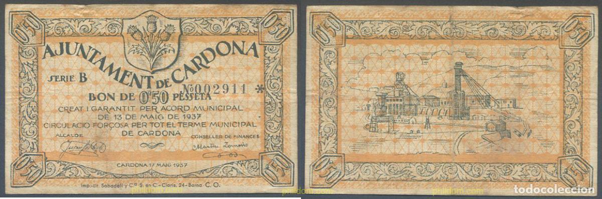 Billetes locales: 7980 ESPA&Ntilde;A. Emisiones locales republicanas 1937 AJUNTAMENT DE CARDONA 50 CENTIMOS 1937