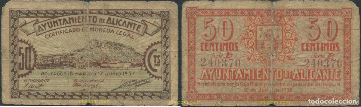 Billetes locales: 8038 ESPA&Ntilde;A. Emisiones locales republicanas 1937 AYUNTAMIENTO DE ALICANTE 50 CENTIMOS 1937