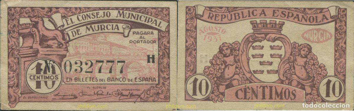 Billetes locales: 8115 ESPA&Ntilde;A. Emisiones locales republicanas 1937 10 CENTIMOS CONSEJO MUNICIPAL DE MURCIA 1937