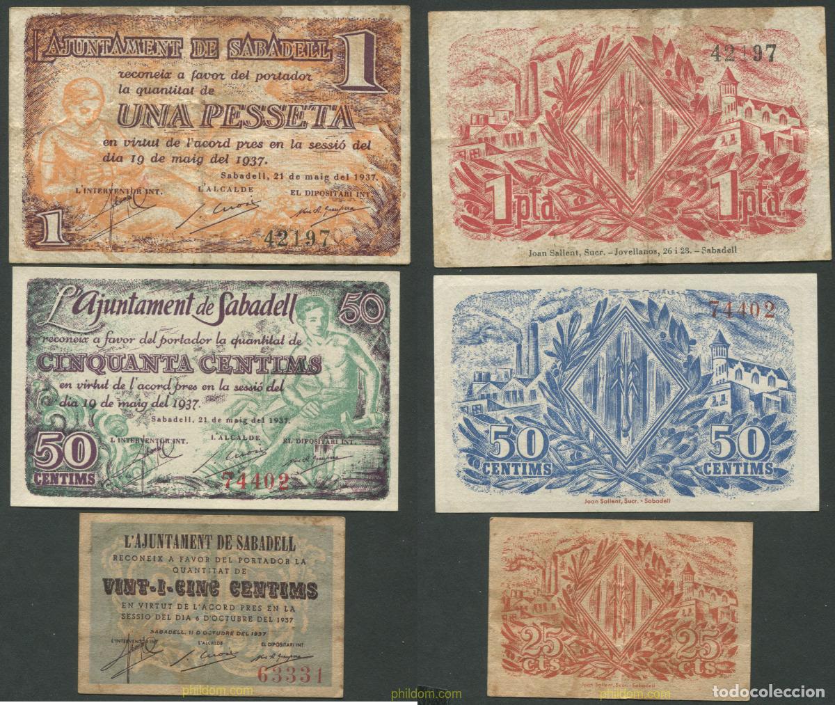 Billetes locales: 8174 ESPA&Ntilde;A. Emisiones locales republicanas 1937 AJUNTAMENT SABADELL 1 PESETA, 50 CENTMS 25 CENTIM