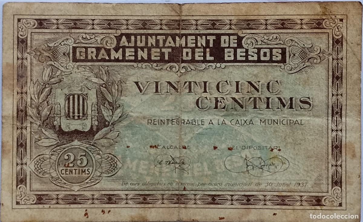 Billetes locales: BILLETE LOCAL DE 25 CENTIMOS GRAMANET DEL BESOS 1937 GUERRA CIVIL