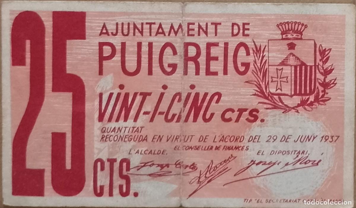Billetes locales: BILLETE LOCAL DE 25 CENTIMOS DE PUIGREIG 1937 GUERRA CIVIL