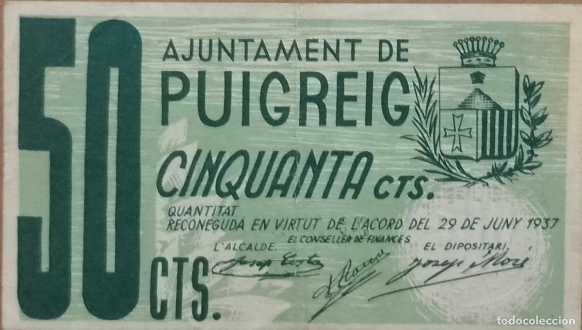 Billetes locales: BILLETE LOCAL DE 50 CENTIMOS DE PUIGREIG 1937 GUERRA CIVIL