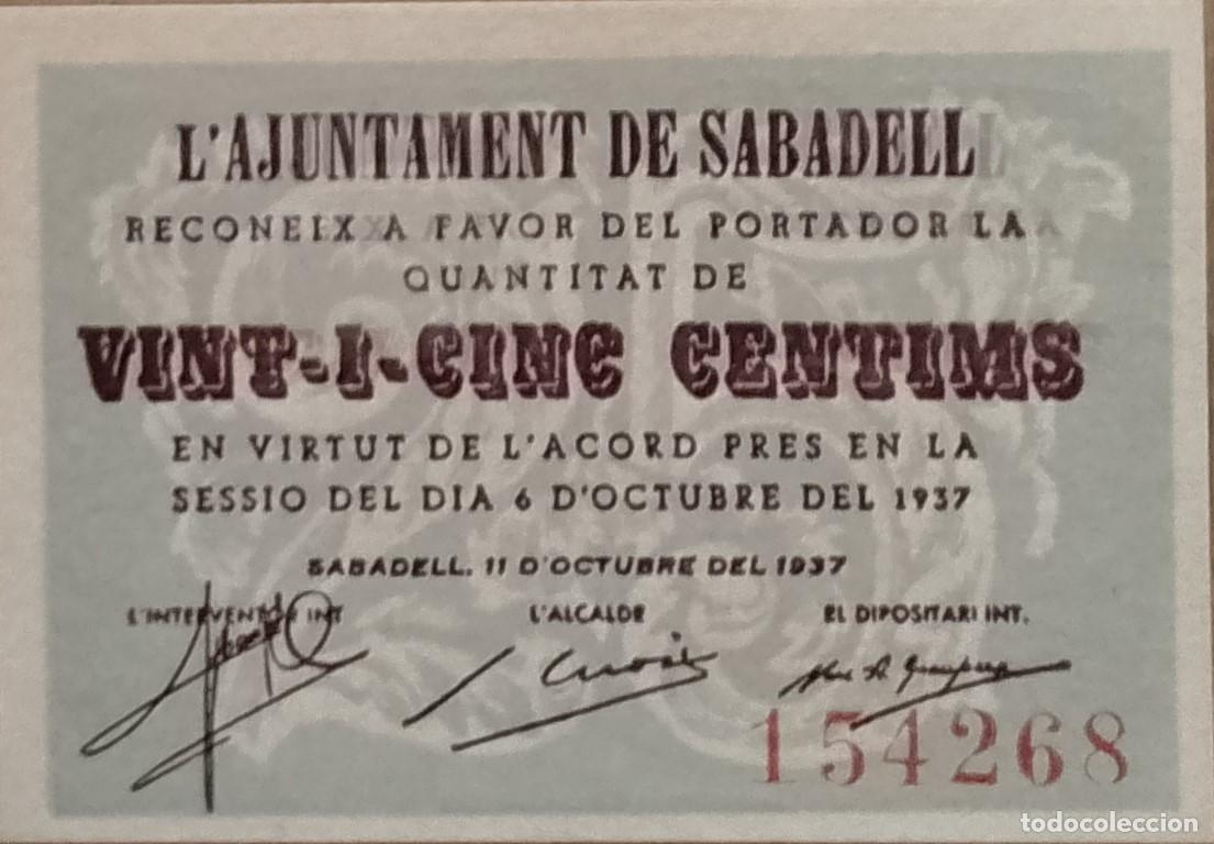 Billetes locales: BILLETE LOCAL DE 25 CENTIMOS SABADELL 1937 GUERRA CIVIL