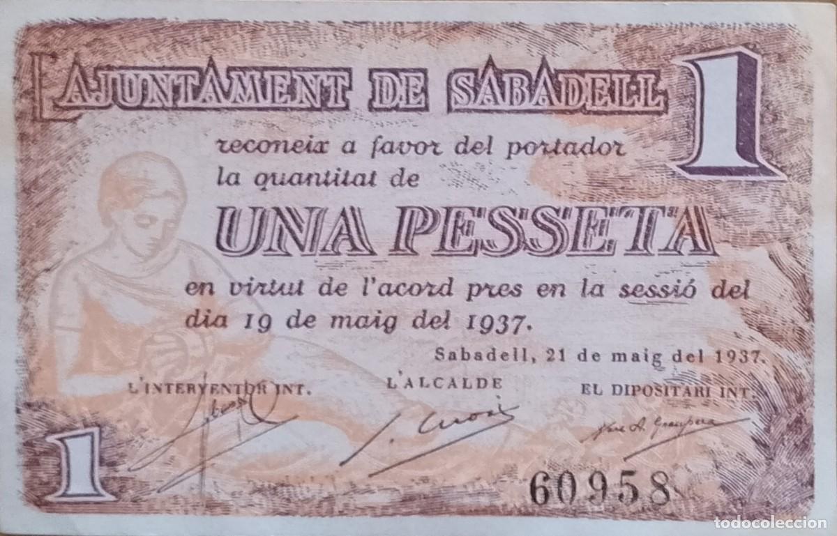 Billetes locales: BILLETE LOCAL DE 1 PESETA DE SABADELL 1937 GUERRA CIVIL