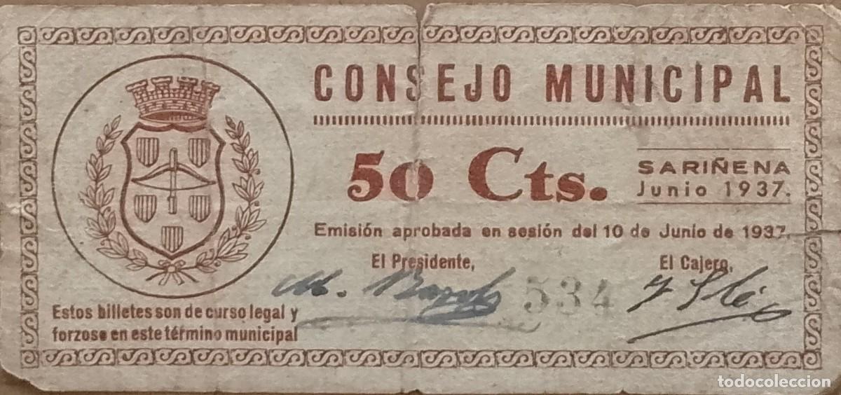 Billetes locales: BILLETE LOCAL DE 50 CENTIMOS DE SARI&Ntilde;ENA 1937 GUERRA CIVIL