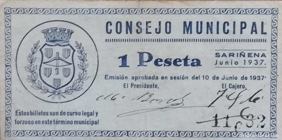 Billetes locales: BILLETE LOCAL DE 1 PESETA DE SARI&Ntilde;ENA 1937 GUERRA CIVIL