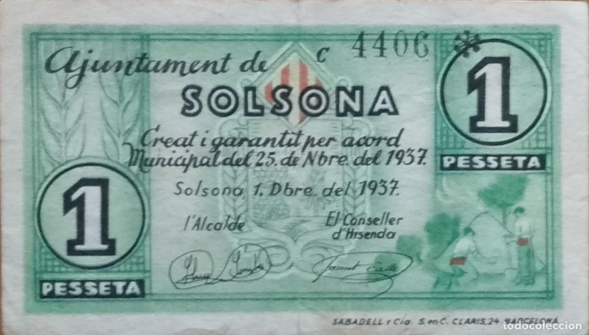 Billetes locales: BILLETE LOCAL DE 1 PESETA SOLSONA 1937 GUERRA CIVIL