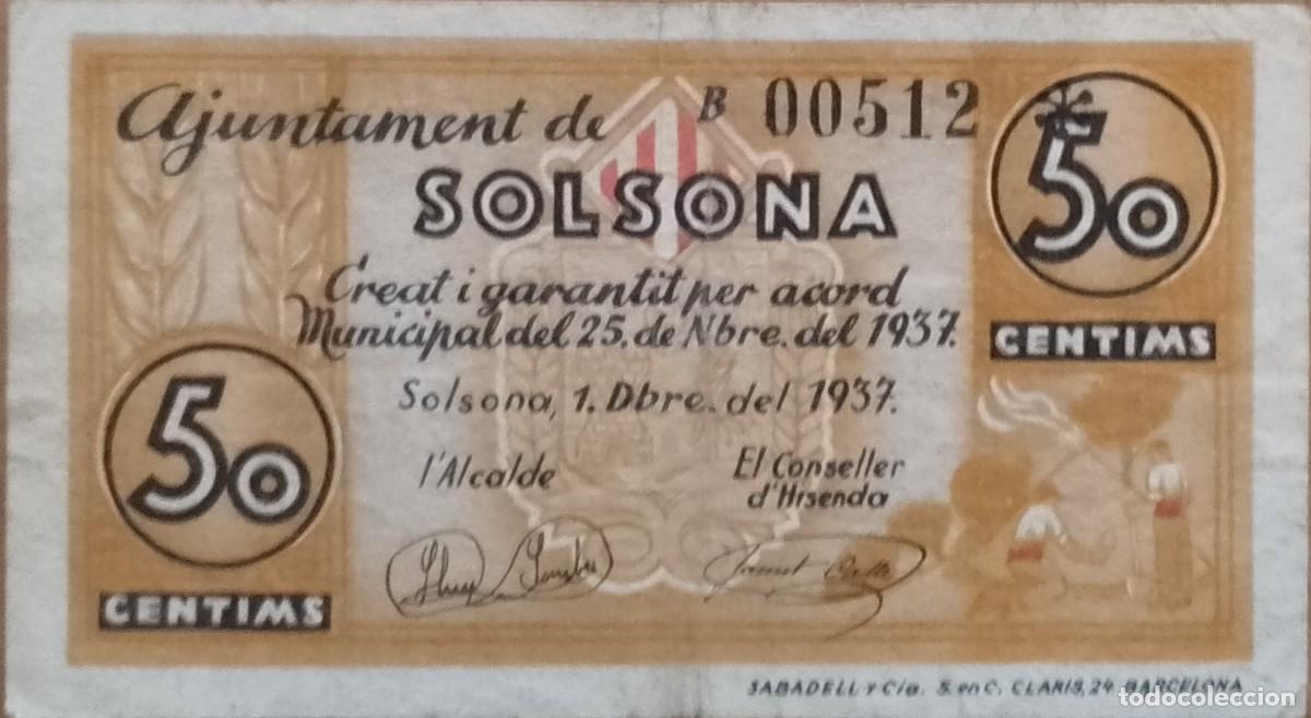 Billetes locales: BILLETE LOCAL DE 50 CENTIMOS SOLSONA 1937 GUERRA CIVIL