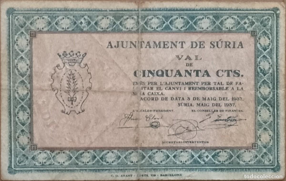 Billetes locales: BILLETE LOCAL DE 50 CENTIMOS SURIA 1937 GUERRA CIVIL