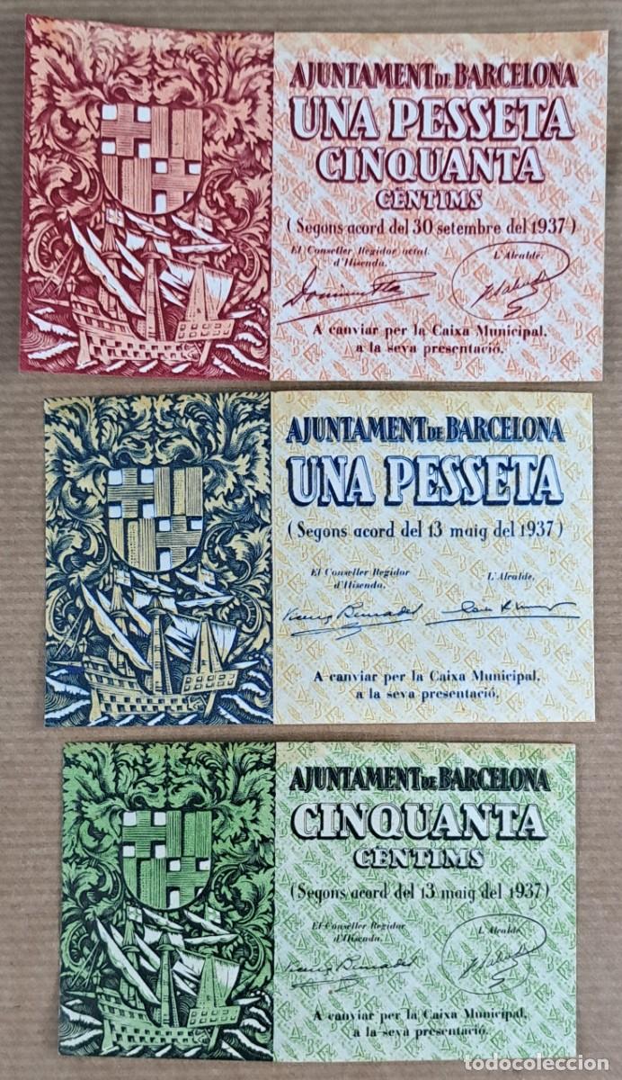 Billetes locales: Lote de tres billetes Ajuntament de Barcelona 1937&ndash;1938 &ndash; 50 c&egrave;ntims, 1 y 1,50 pessetes