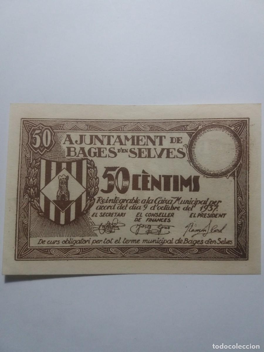 Billetes locales: Billete 50 C&egrave;ntims Ajuntament BAGES D'EN SELVES 9 Octubre 1937