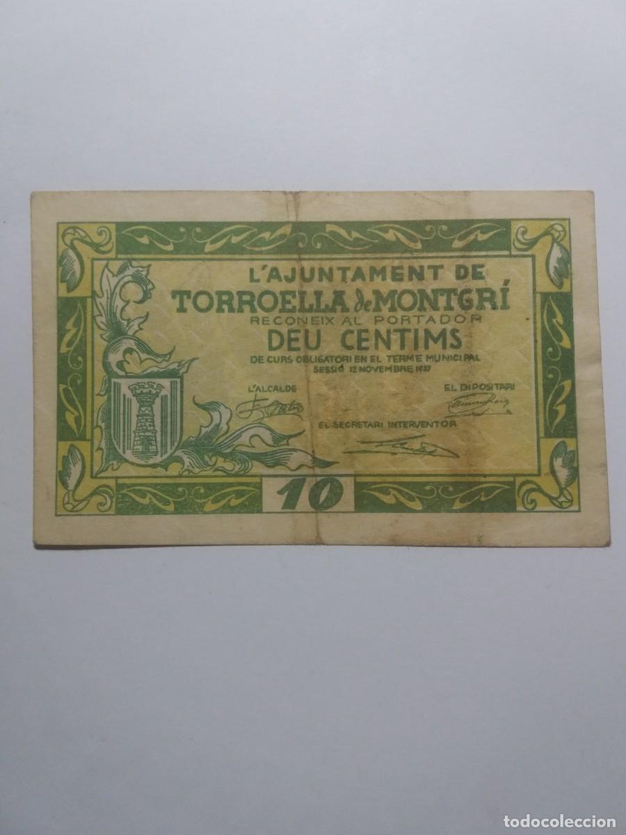 Billetes locales: Billete 10 C&egrave;ntims Ajuntament TORROELLA DE MONTGRI 12 Novembre 1937