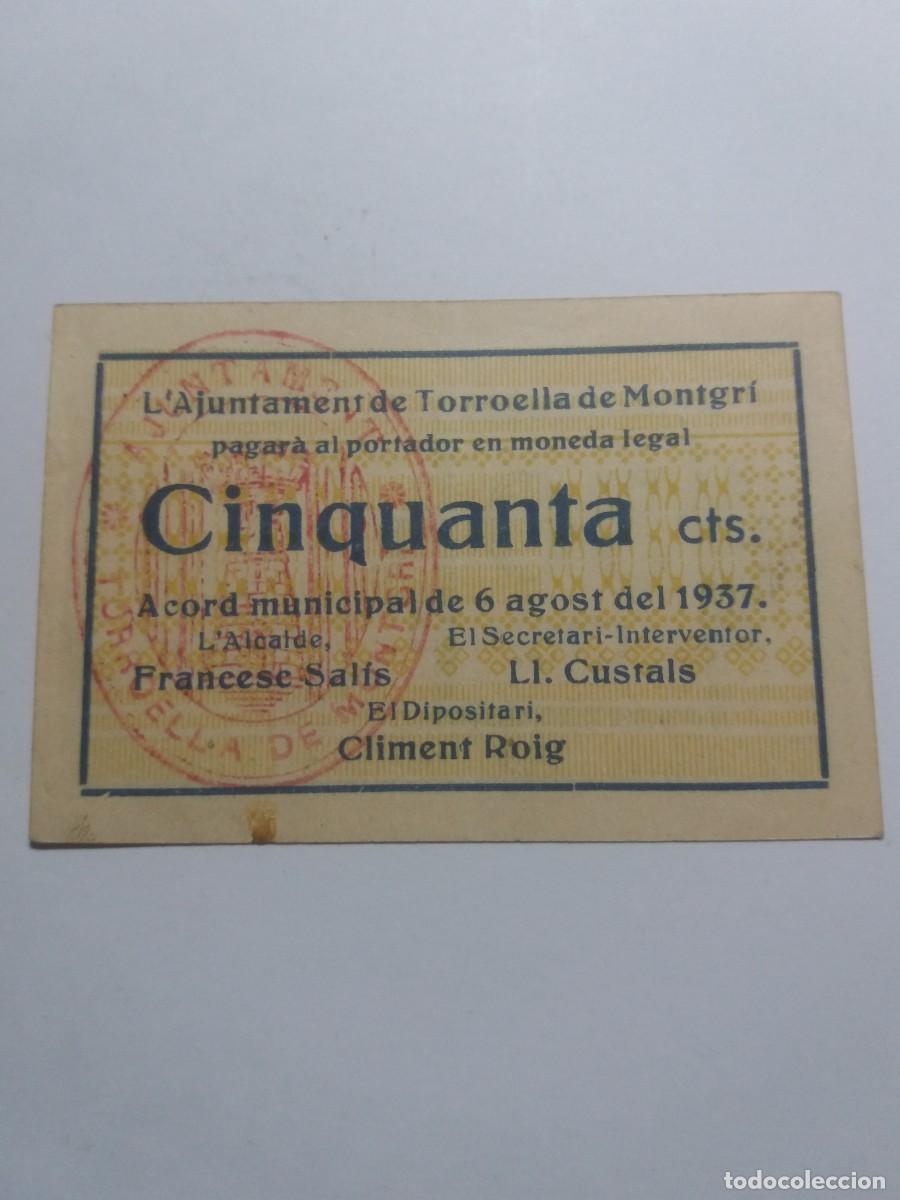 Billetes locales: Billete 50 C&egrave;ntims Ajuntament TORROELLA DE MONTGRI 6 Agost 1937