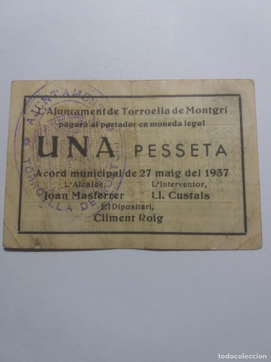 Billetes locales: Billete 1 Pesseta Ajuntament TORROELLA DE MONTGRI 27 Maig 1937