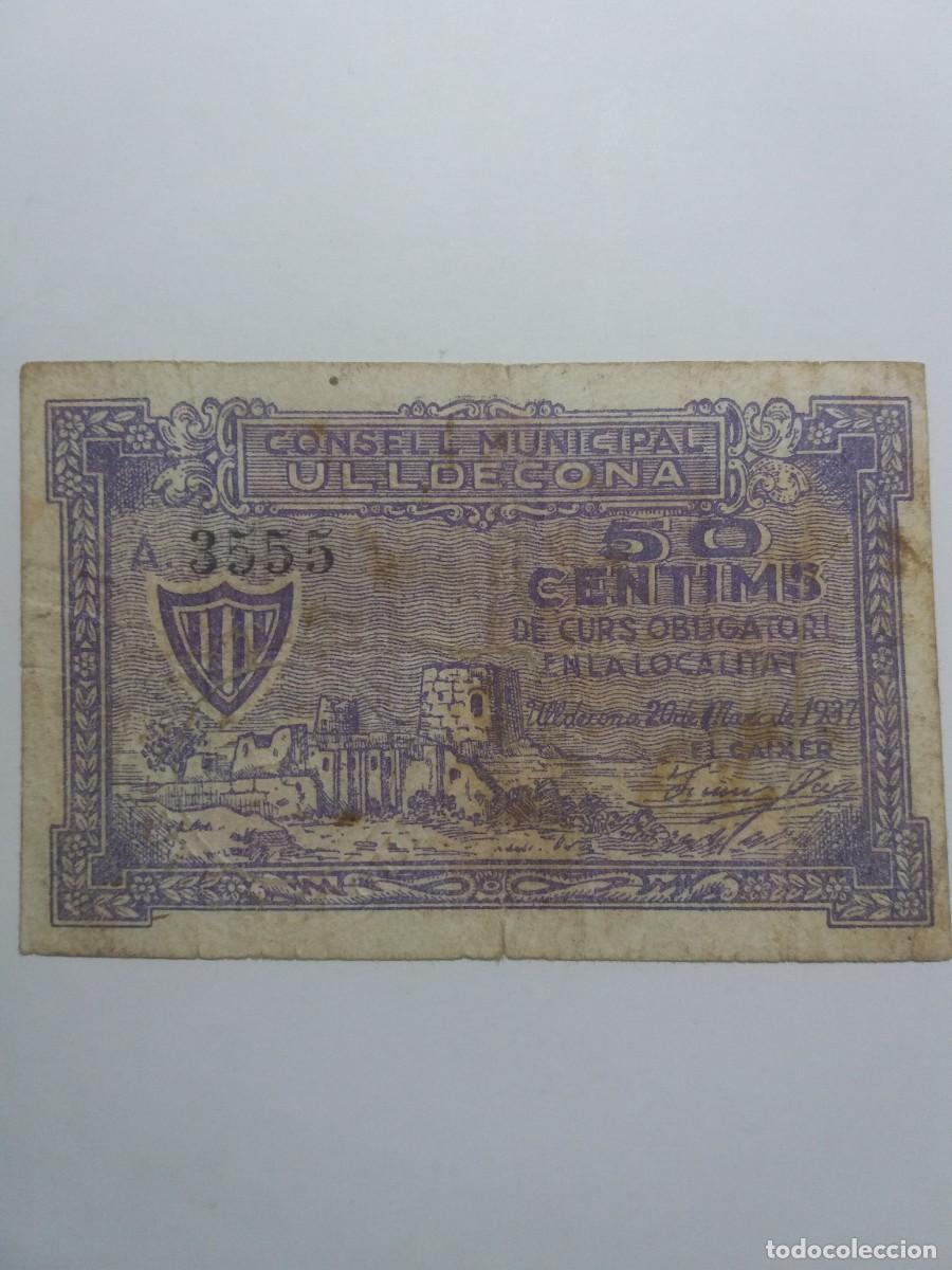 Billetes locales: Billete 50 C&egrave;ntims Consell Municipal ULLDECONA 20 Nar&ccedil; 1937