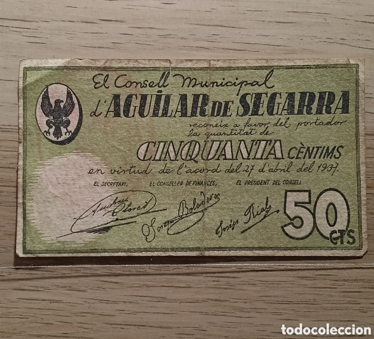 Billetes locales: Aguilar de Segarra. 50cts.