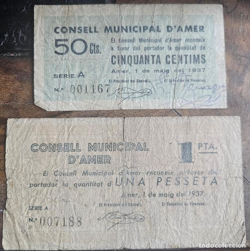 Billetes locales: 1 peseta y 0,50 c&eacute;ntimos de Amer. Mayo de 1937. Billetes Municipales de la guerra civil espa&ntilde;ola.