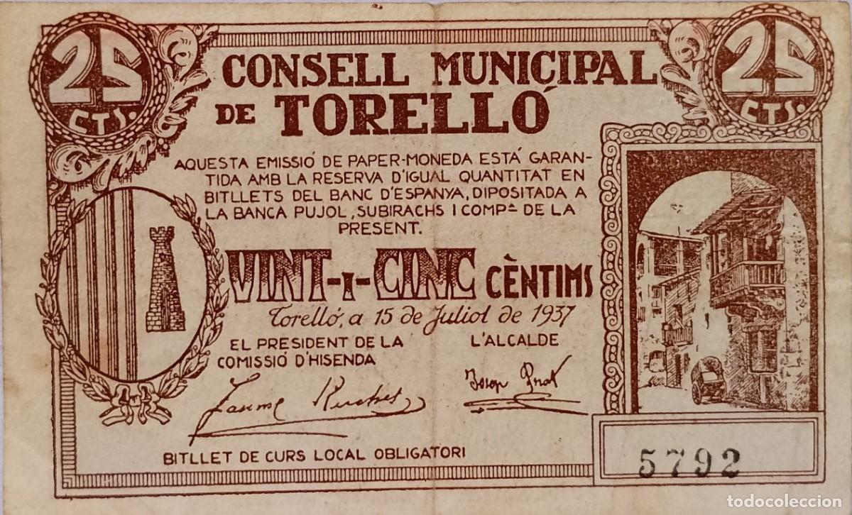 Billetes locales: BILLETE LOCAL DE 25 CENTIMOS TORELLO 1937 GUERRA CIVL