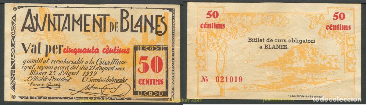 Billetes locales: 9759 ESPA&Ntilde;A. Emisiones locales republicanas 1937 AJUNTAMENT DE BLANES 50 C&Egrave;NTIMS 1937