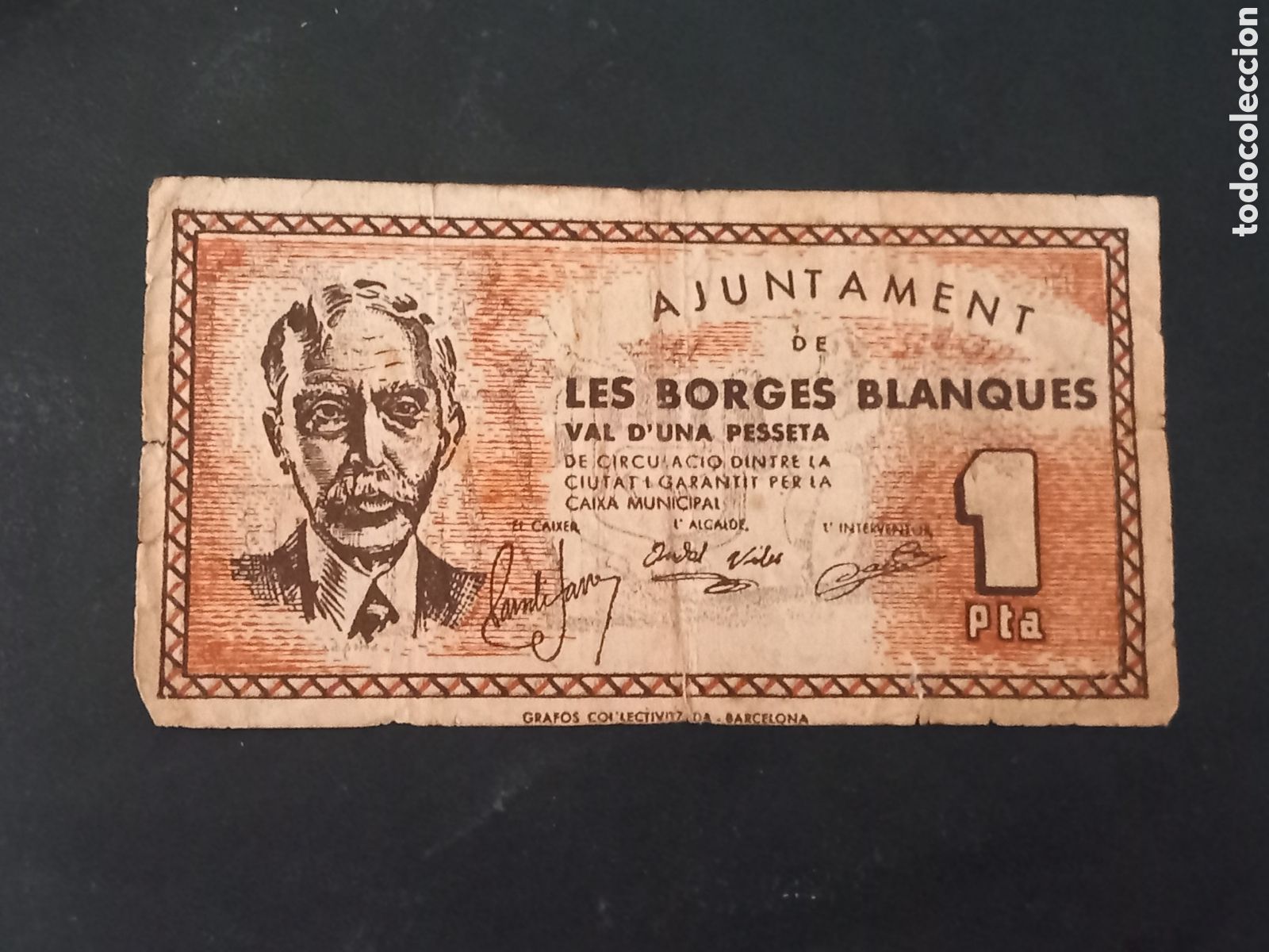 Billetes locales: Billete de 1 pesseta guerra civil 1937 les Borges Blanques president Maci&agrave;