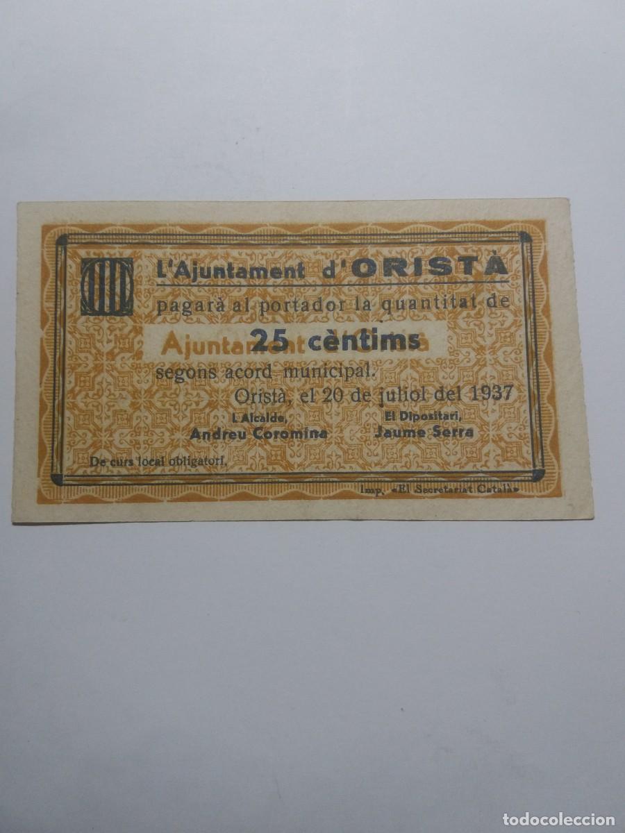Billetes locales: illete 25 C&egrave;ntims Ajuntament ORIST&Agrave; 20 Juliol 1937