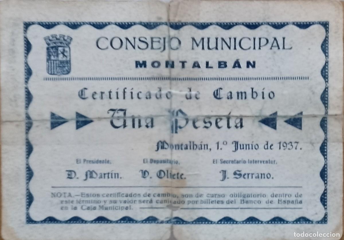Billetes locales: BILLETE LOCAL DE 1 PESETA MONTALBAN 1937 GUERRA CIVL