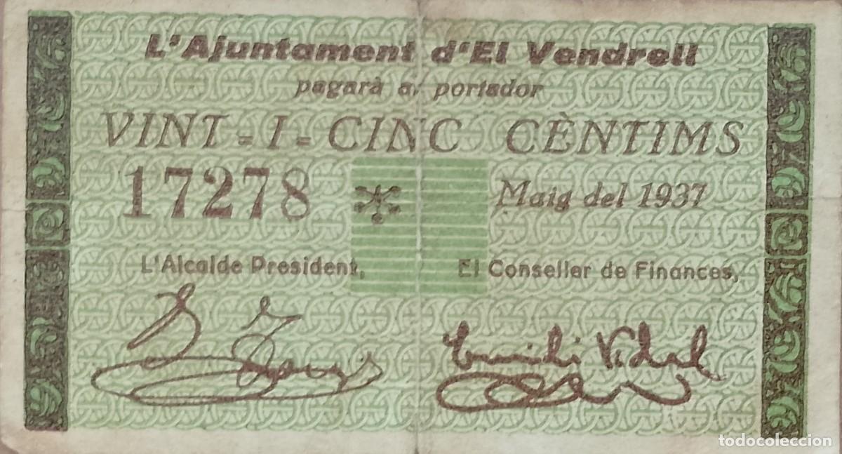Billetes locales: BILLETE LOCAL DE 25 CENTIMOS EL VENDRELL 1937 GUERRA CIVL