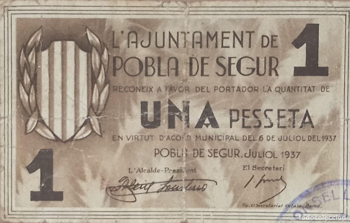 Billetes locales: BILLETE LOCAL DE 1 PESETA LA POBLA DE SEGUR 1937 GUERRA CIVL