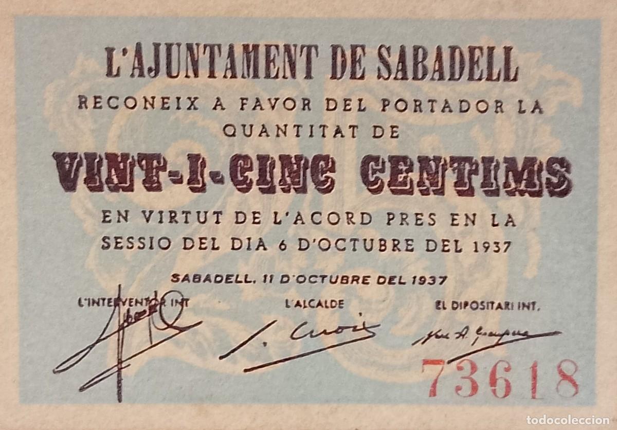 Billetes locales: BILLETE LOCAL DE 25 CENTIMOS DE SABADELL 1937 GUERRA CIVL