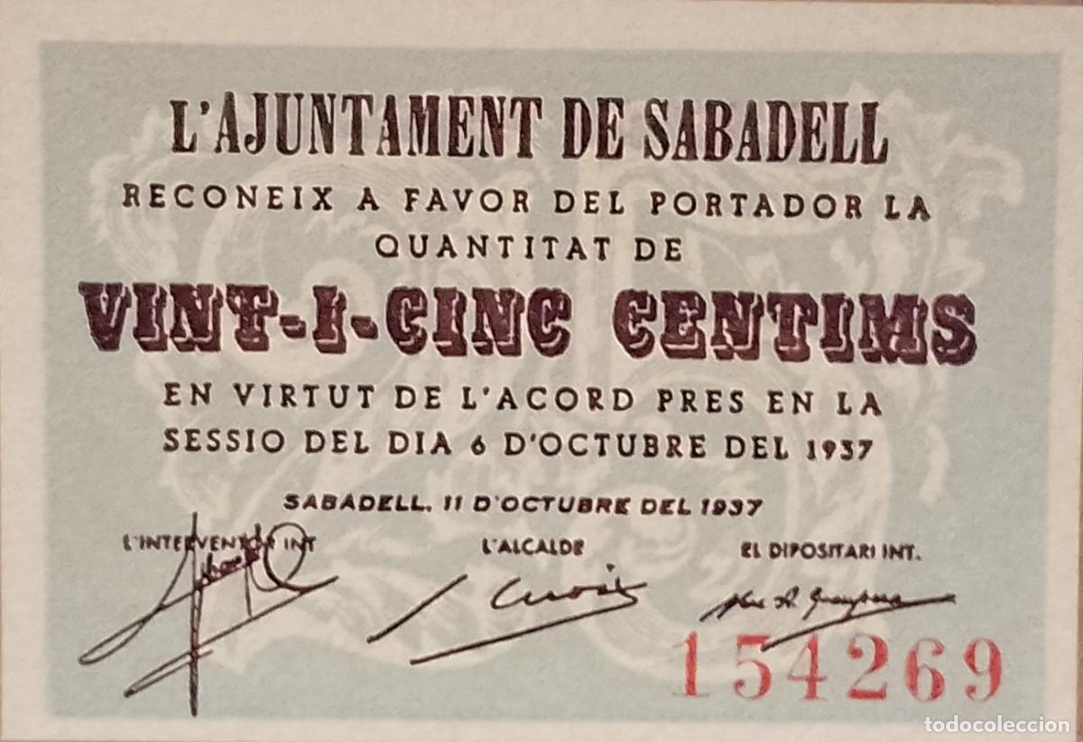 Billetes locales: BILLETE LOCAL DE 25 CENTIMOS DE SABADELL 1937 GUERRA CIVL