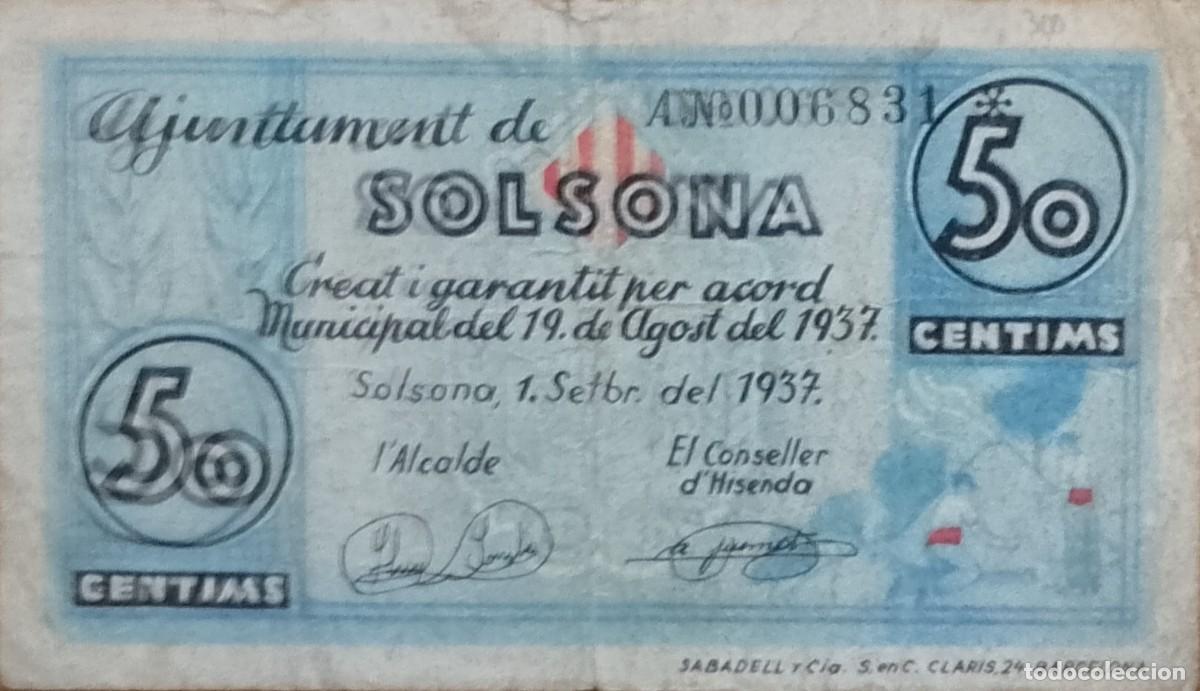 Billetes locales: BILLETE LOCAL DE 50 CENTIMOS DE SOLSONA 1937 GUERRA CIVL