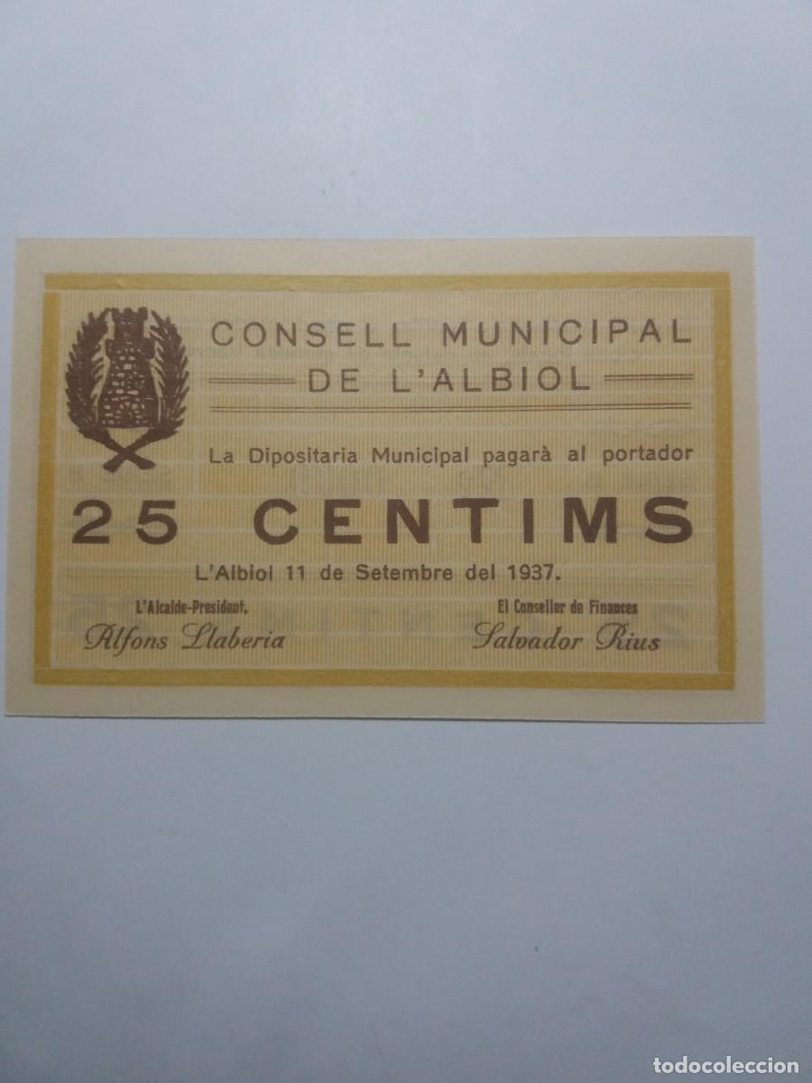 Billetes locales: Billete 25 C&egrave;ntims Consell Municipal ALBIOL 11 Setembre 1937