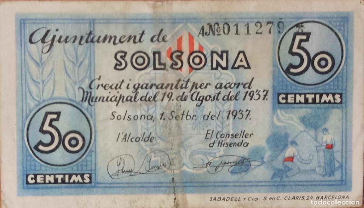 Billetes locales: BILLETE LOCAL DE 50 CENTIMOS SOLSONA 1937 GUERRA CIVL