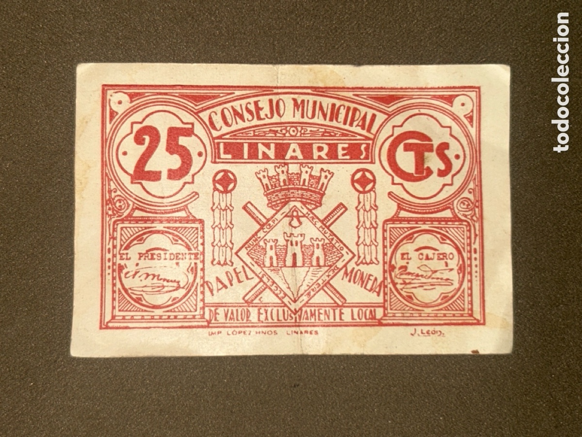 Billetes locales: BILLETE LOCAL - CONSEJO MUNICIPAL DE LINARES (JAEN) - 25 CENTIMOS - SELLO TINTADO EN REVERSO
