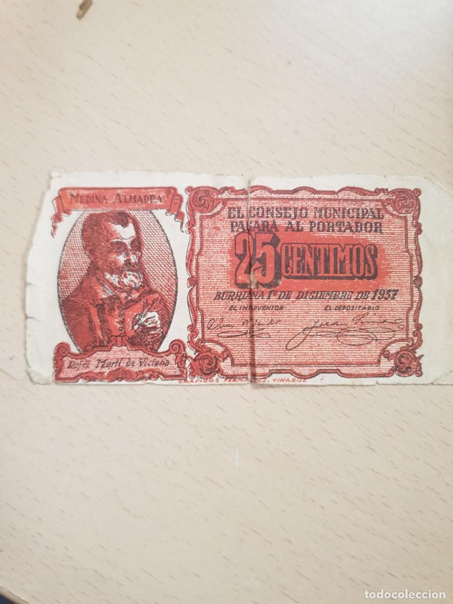 Billetes locales: Billete de 25 c&eacute;ntimos consejo municipal de burriana 1937. Medina alhadra republica espa&ntilde;ola. Muy ra