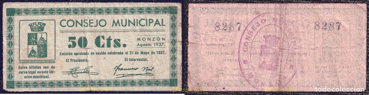 Billetes locales: 244 ESPA&Ntilde;A. Emisiones locales republicanas 1937 CONSEJO MUNICIPAL DE MONZON Fecha agosto 1937