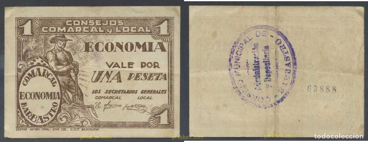 Billetes locales: 7925 ESPA&Ntilde;A. Emisiones locales republicanas 1937 CONSEJO COMARCAL Y LOCAL DE BARBASTRO 1 PESETA PT