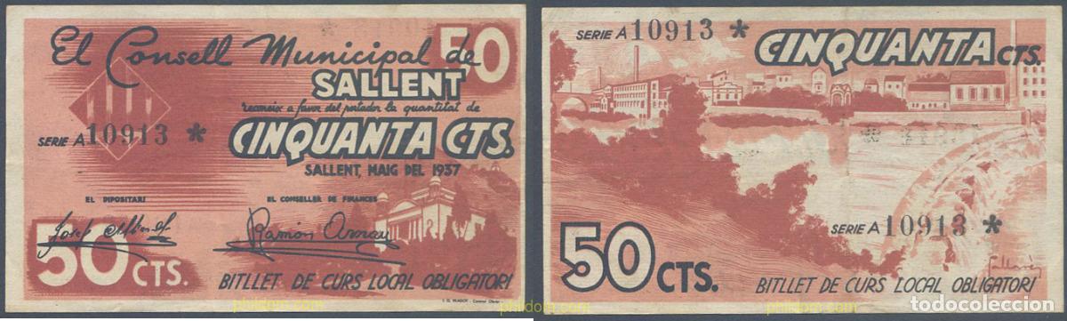 Billetes locales: 7943 ESPA&Ntilde;A. Emisiones locales republicanas 1937 CONSELL MUNICIPAL DE SALLENT 50 CENTIMOS 1937