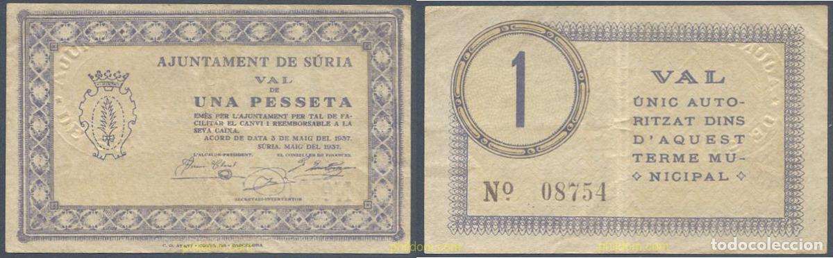 Billetes locales: 7979 ESPA&Ntilde;A. Emisiones locales republicanas 1937 AJUNTAMENT DE SURIA 1 PESETA 1937