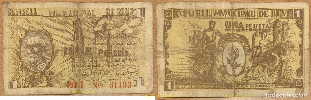Billetes locales: 8053 ESPA&Ntilde;A. Emisiones locales republicanas 2022 CONSELL MUNICIPAL DE REUS 1 PESETA 1937 MARTI FOL