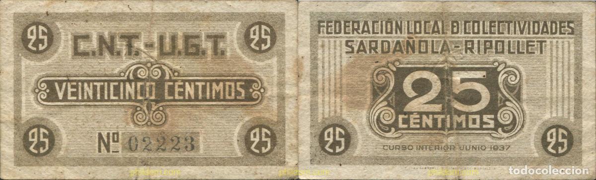 Billetes locales: 8133 ESPA&Ntilde;A. Emisiones locales republicanas 1937 25 C&Eacute;NTIMOS FEDERACI&Oacute;N LOCAL SARDA&Ntilde;OLA RIPOLLE