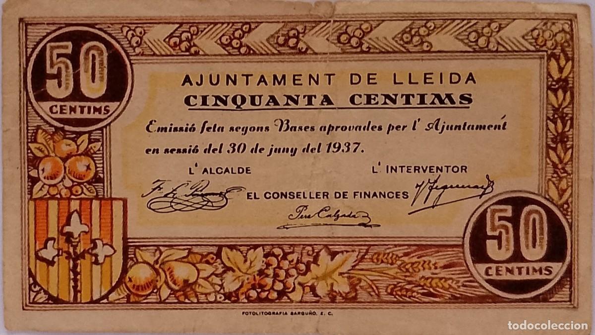 Billetes locales: BILLETE LOCAL DE 50 CENTIMOS LLEIDA 1937 GUERRA CIVL