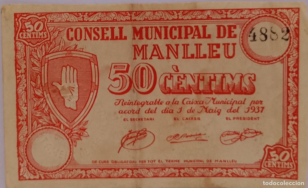 Billetes locales: BILLETE LOCAL DE 50 CENTIMOS MANLLEU 1937 GUERRA CIVL